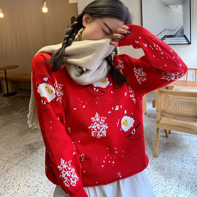 Áo Len Dày Dáng Rộng In Hình Ông Già Noel Thời Trang Thu Đông Dành Cho Các Cặp Đôi