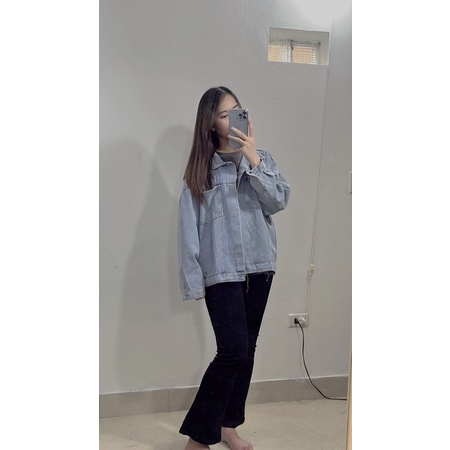 Áo khoác bò jean xanh nhạt túi trước hộp , chất demin from rộng xanh quảng châu-Minxy shop