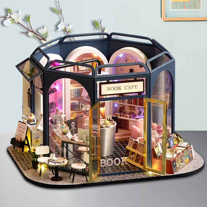 Mô hình tiệm cà phê sách thu nhỏ trang trí thủ công cho búp bê GD02