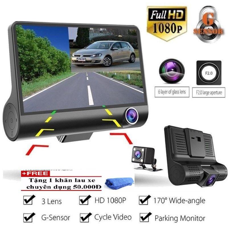 Camera Hành Trình 3in1 hàng tiêu chuẩn Quan Sát mọi góc nhìn, Màn Hình 4 Inch Full HD 1080 TẶNG KHĂN LAU XE CAO CẤP