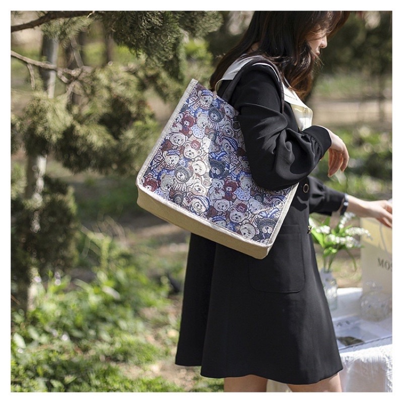 Túi cói mẫu gấu phong cách vintage, túi xách nữ đi du lịch, đi biển, đi làm