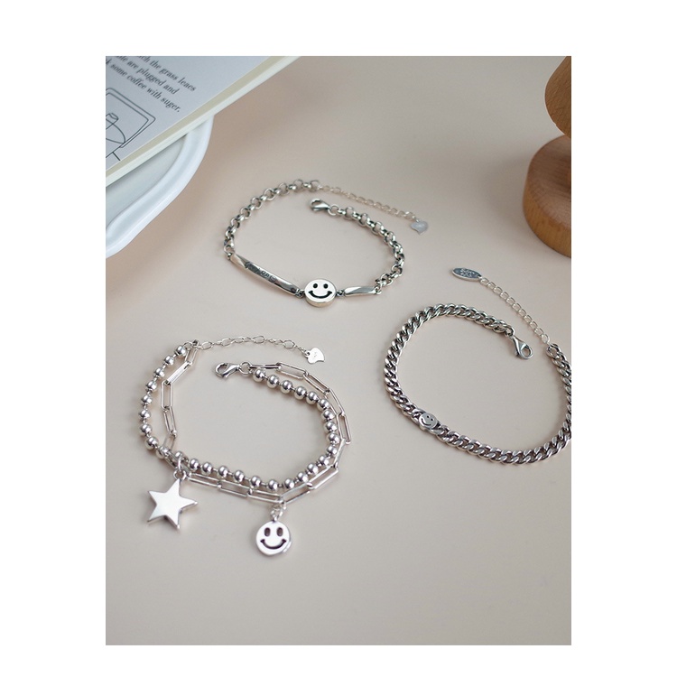 Vòng Tay Bạc Họa Tiết Mặt Cười Phong Cách Hip hop Hàn Quốc Thời Trang Cho Nữ
