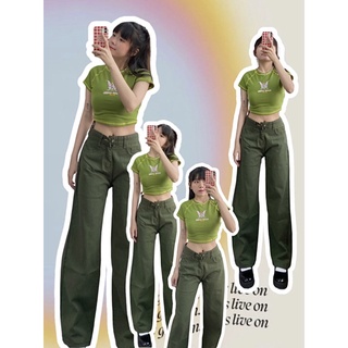 Jean xanh rêu ống xuông - áo croptop xanh lá