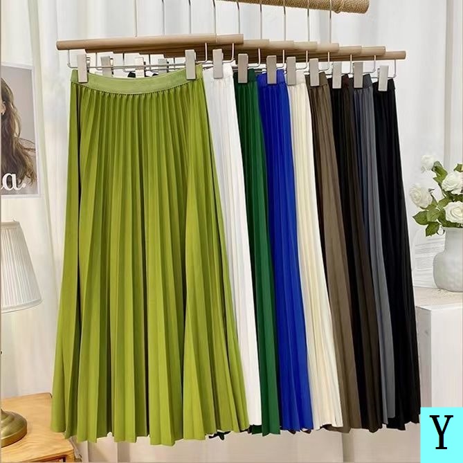 Chân Váy Dài Dáng Chữ A Lưng Cao Xếp Ly Màu Xanh Lá Chống Nhăn Dễ Phối Đồ Thời Trang Xuân Hè Cho Nữ