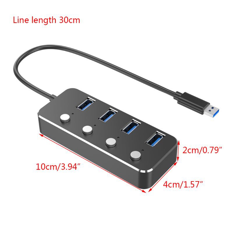 Aluminum 4Port USB 3.0 Hub High Speed USB Splitter with Individual On/Off Switch