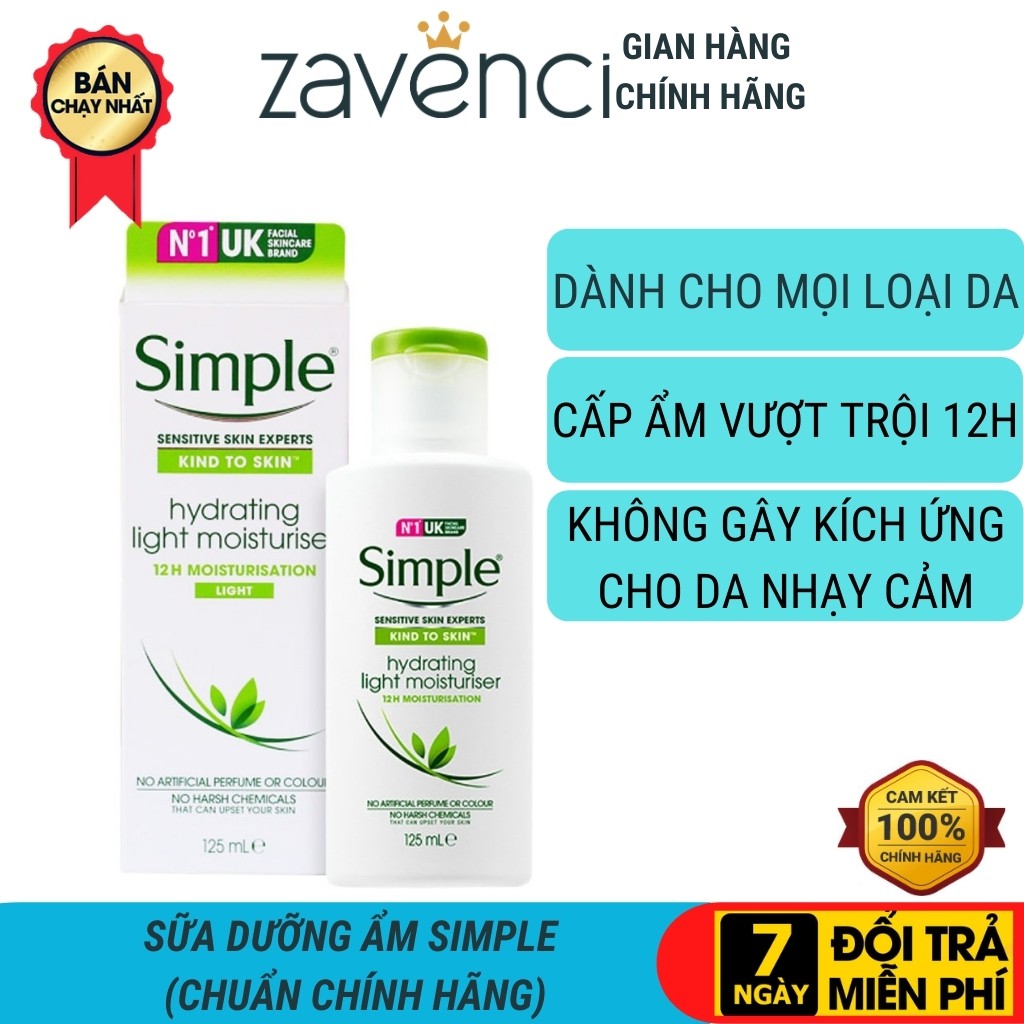 Kem dưỡng ẩm SIMPLE Kind To Skin Hydrating Light Moisturiser kiềm dầu 125ml - ZAVENCI Official