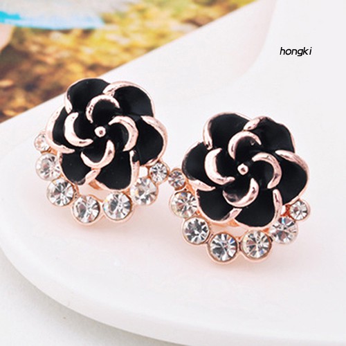 Bông tai hợp kim hình hoa trà đính đá lấp lánh