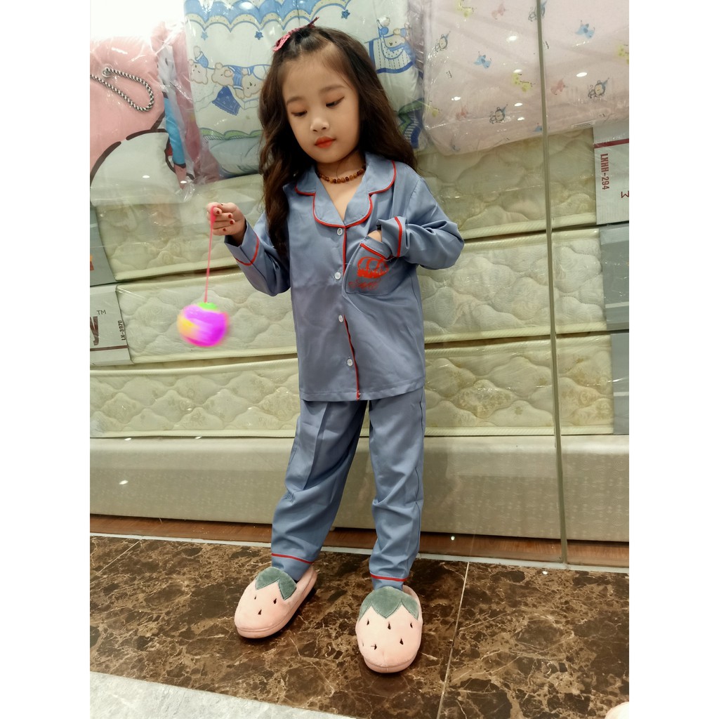 đồ bộ pijama mặc nhà bé gái phi lụa mờ dài tay in vương miện xinh xắn từ 14 đến 40kg 0205