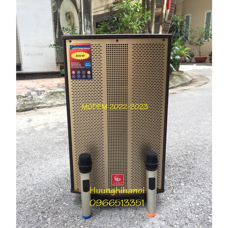 Loa di động karaoke hát cực hay GJ1208 loa 3 tấc, thùng gỗ, 3 đường tiếng tặng kèm 2 micro UHF nhôm không dây hát hay