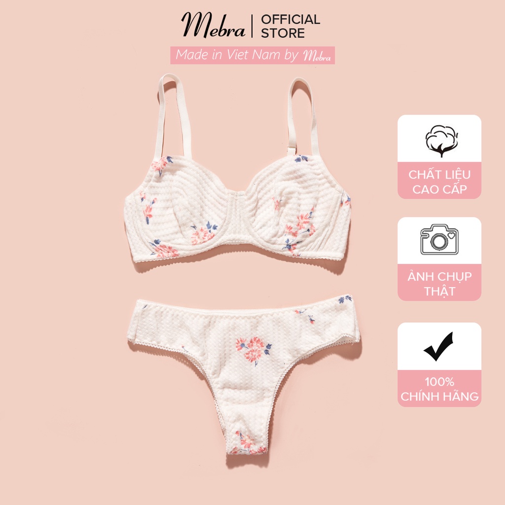 Bộ đồ lót nữ có gọng không đệm cotton 2 lớp thoáng khí kháng khuẩn màu be họa tiết hoa cup ngang Mebra S005