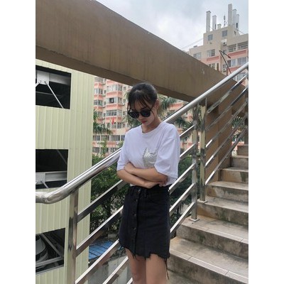 Chân Váy Đen Khuy Lệch Chữ A Cạp Cao Tua Ulzzang