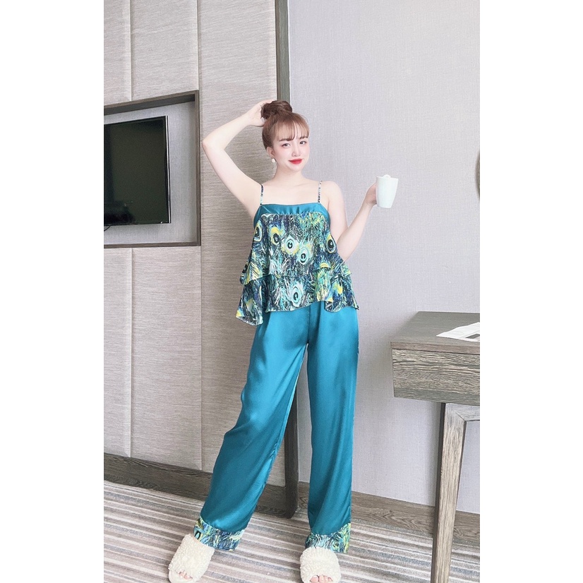 👉👉ĐỒ BỘ QUẦN DÀI👉👉 Sét đồ ngủ áo voan cột lưng quần dài lua satin freesize 58kg đồ ngủ áo voan tầng dễ thương