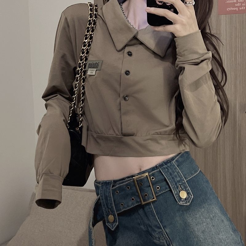 Áo Lửng Nữ Dài Tay Cổ Bẻ Trễ Vai Thời Trang Hàn