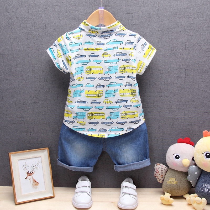 Two-piece denim shorts boys fashion and comfortable cotton polo cartoon car short-sleeved T-shirt + children