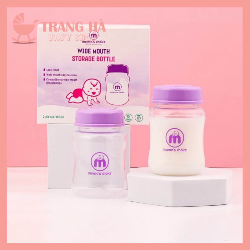 HOTHộp 2 Bình Trữ Sữa Cổ Rộng Mama Choice 180ml Có Nắp Đậy Tương Thích Các Dòng Máy Hút Sữa Cổ Rộng Spectra, Avent,..