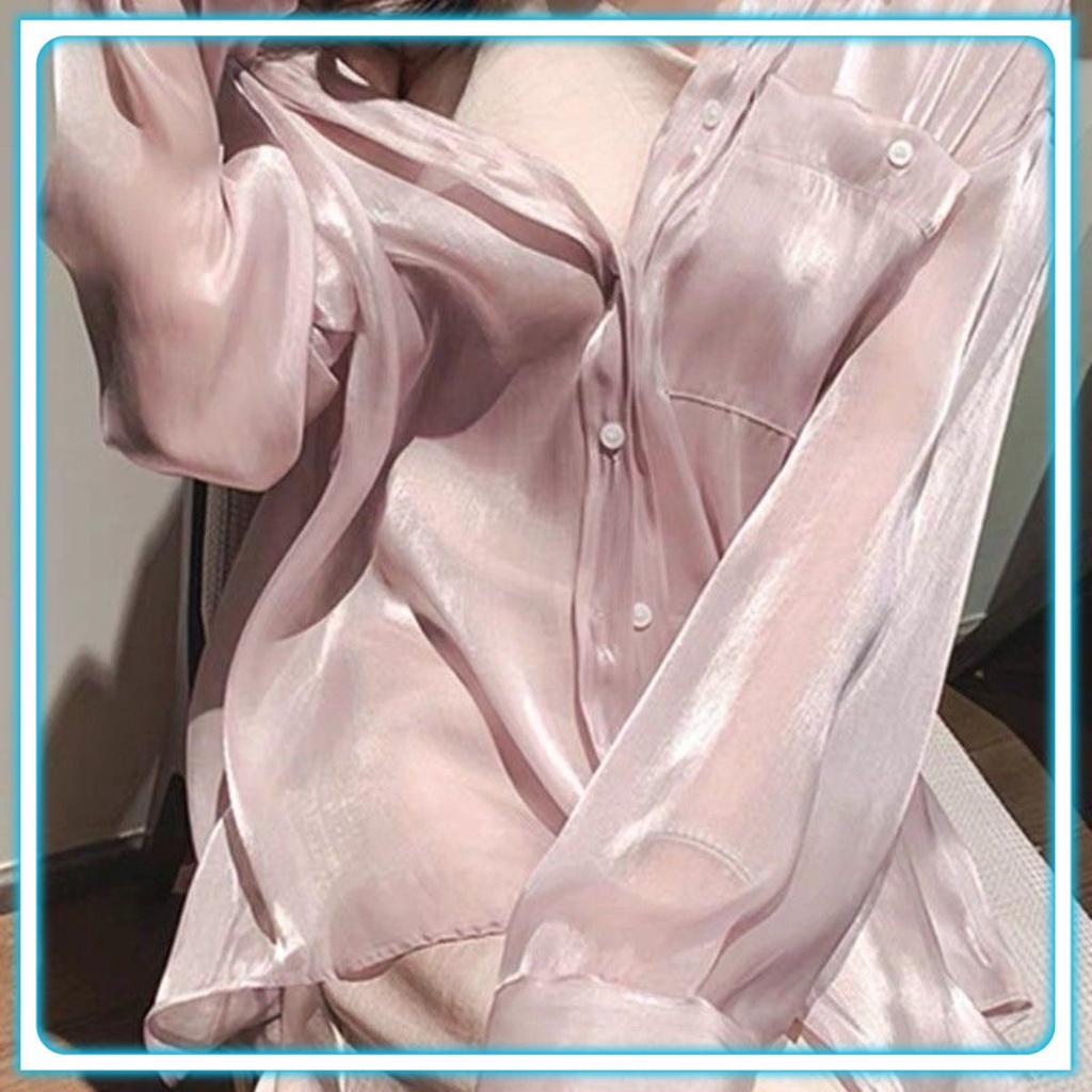 Áo sơ mi nữ satin phi bóng phản quang ánh nhũ vàng sang chảnh