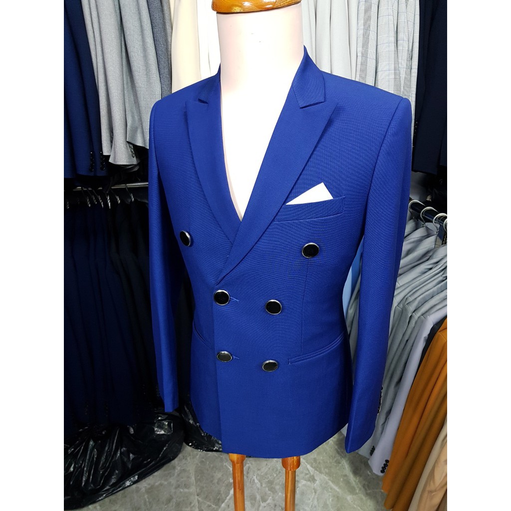 Áo vest nam ôm body 6 cúc màu xanh coban