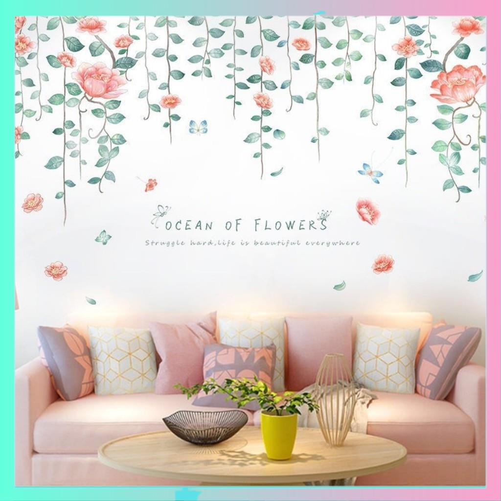 Decal dán tường dây hoa leo hồng, Tranh dán tường dây hoa leo hồng, trang trí phòng ngủ, phòng khách