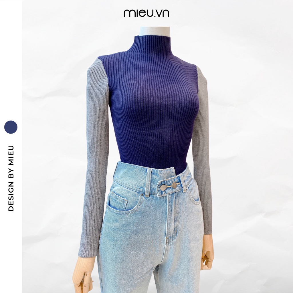 Áo thun len gân tay dài cổ lọ dáng ôm phối màu MIEU - HN04