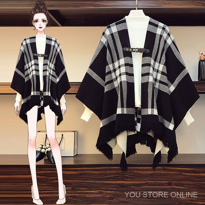 Xgja ❤Ence★Áo choàng len hai mặt họa tiết sọc caro trắng đen phong cách Retro Anh quốc | BigBuy360 - bigbuy360.vn