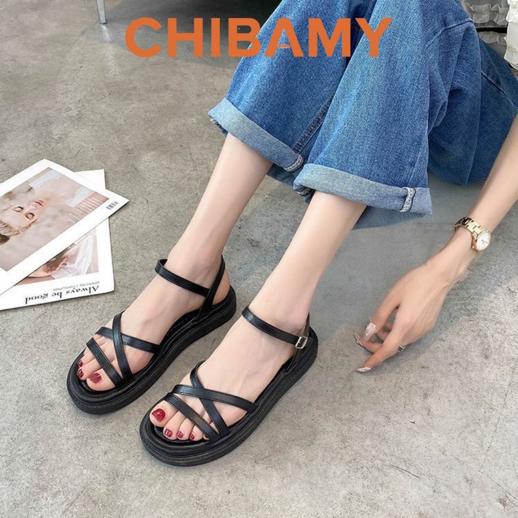 Dép sandal nữ 3 quai chéo đế hộp CHIBAMY, Dép quai hậu nữ siêu nhẹ cao 3cm cho học sinh, sinh viên