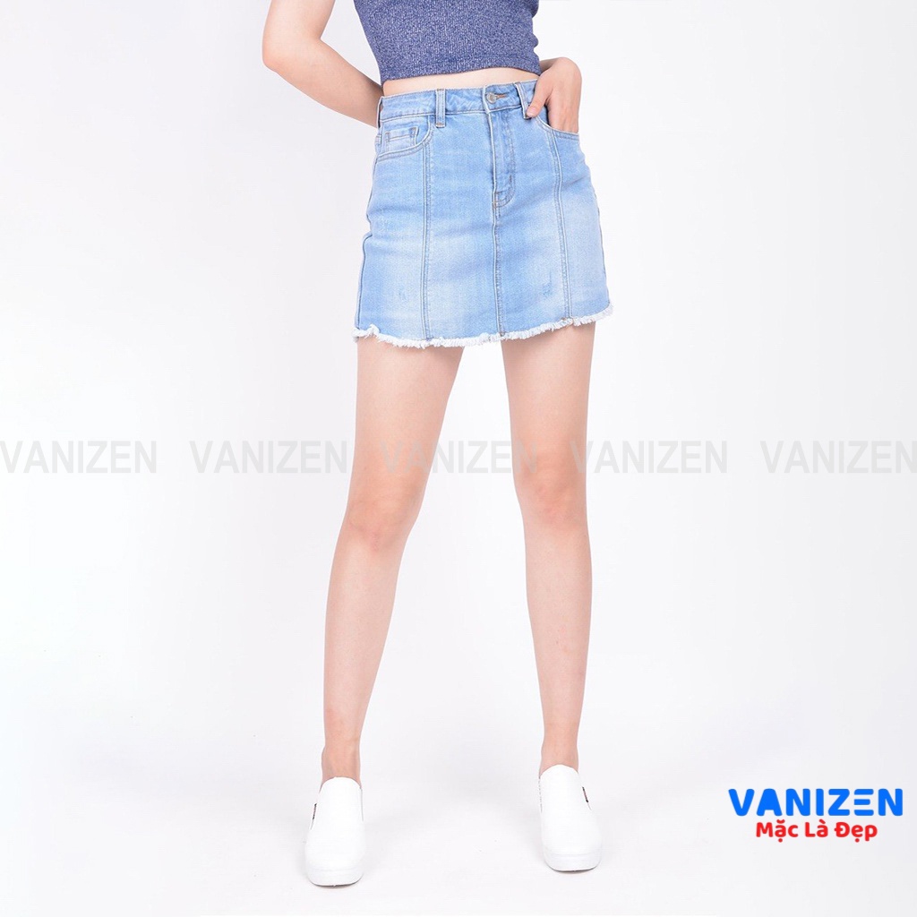Chân váy jean nữ có quần bên trong đẹp lưng cao cạp cao xước nhẹ gân gấu tua rua hàng hiệu cao cấp mã 4160 VANIZEN