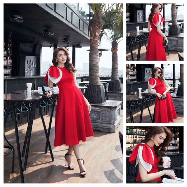 ( ẢNH VÀ VIDEO THẬT1000%) Đầm kết lá phối màu kèm nơ cài đá