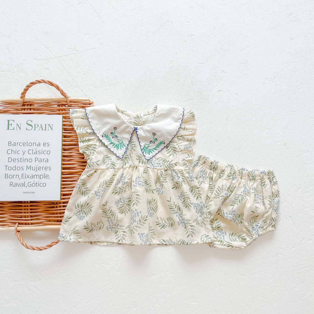 Bộ Áo Sơ Mi Tay Cánh Tiên Thêu Hoa + Quần Short Thời Trang Mùa Hè Xinh Xắn Cho Bé Gái