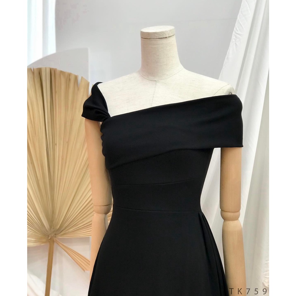 [Ảnh thật] Đầm thun midi lệch vai