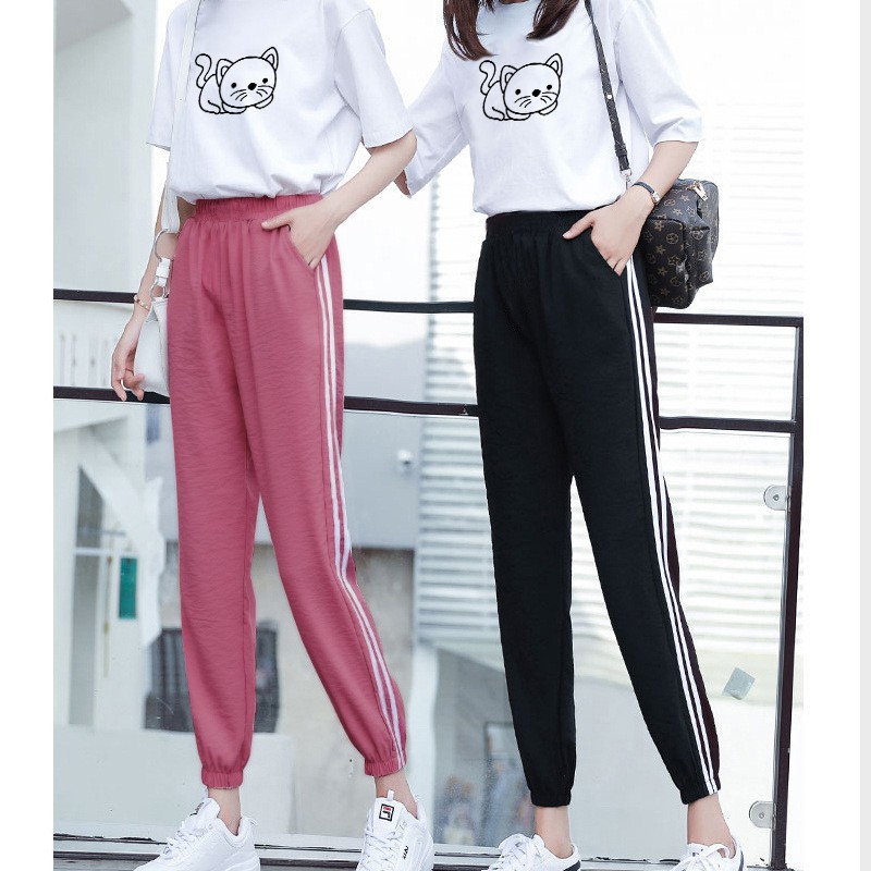 [FREESHIP-HÀNG LOẠI 1] Set Jogger Line Phối Thun Unisex Mèo, Set quần thể thao sọc phối áo phông in hình dễ thương - S6