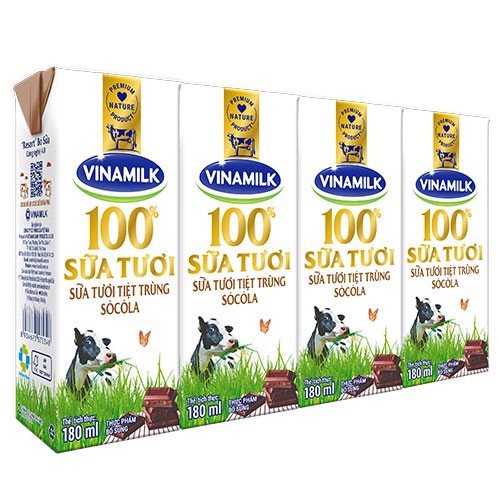 Lốc 4 Sữa Tươi Tiệt Trùng Vinamilk 100% Socola 180Ml