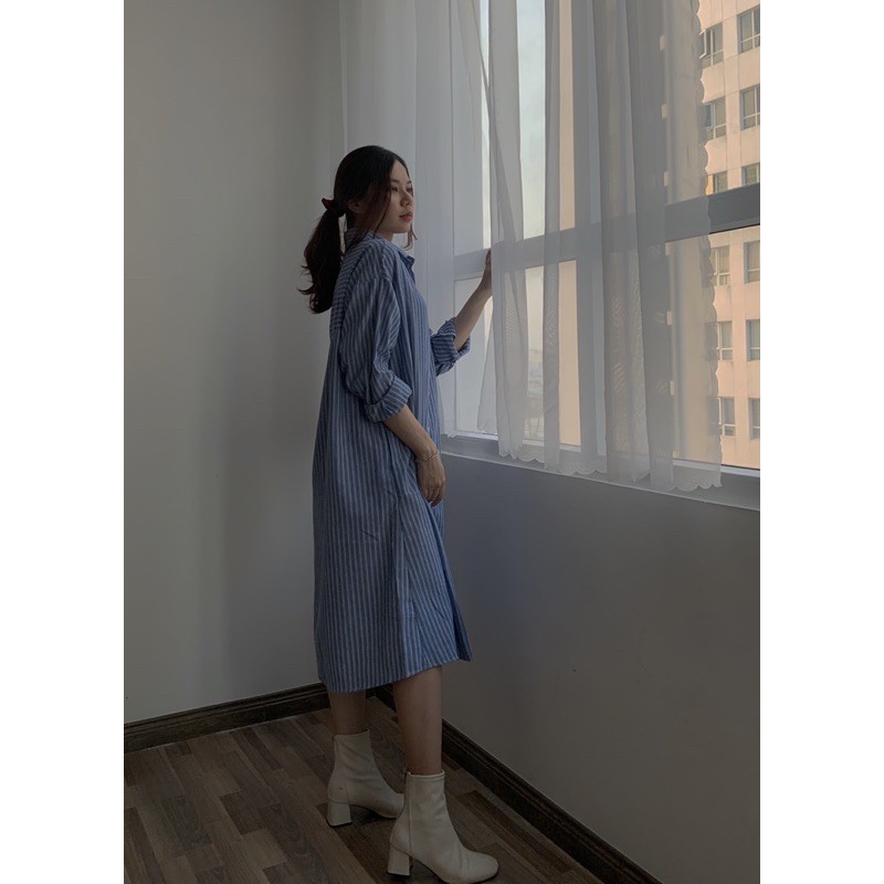 🔥 [CÓ SẴN, ẢNH THẬT, CÓ FEEDBACK] Đầm Sơmi Sọc Xanh Dáng Suông [CÓ KÈM THẮT LƯNG] Phong Cách Hàn Quốc | BigBuy360 - bigbuy360.vn
