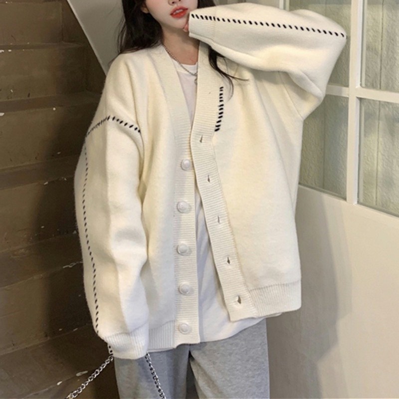 Áo khoác len dáng rộng, cardigan trắng pha viền chất len lông thỏ mềm mịn