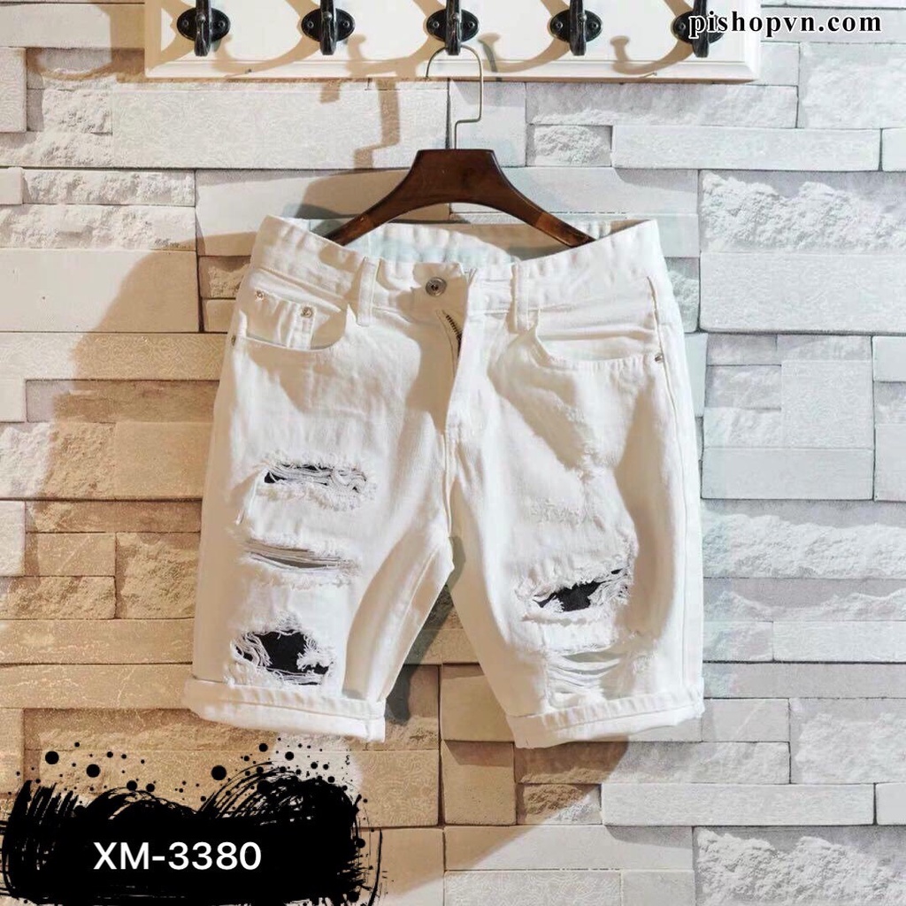 Quần short jean nam trắng rách gối chất bò vai dày co dãn thiết kế phong cách trẻ trung mẫu mới
