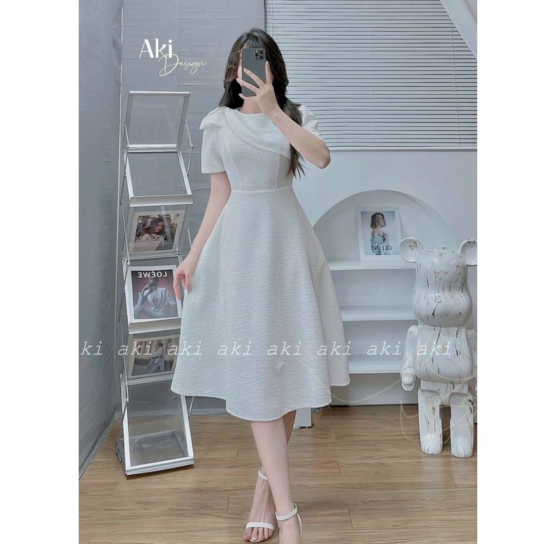 Đầm Xòe Dự Tiệc,Đầm Váy Nữ Tay Bồng Phối Nơ Hoa Chất Liệu Xốp Kim Cương Cao Cấp Tiểu Thư Dạo Phố Sang Chảnh Minh Phúc