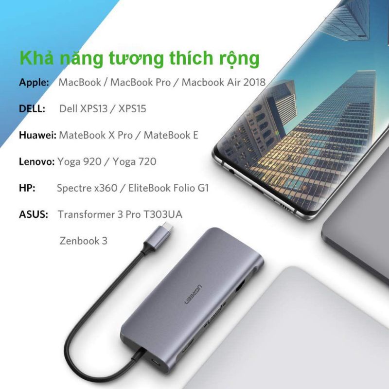 HUB bộ chuyển đổi đa năng USB Type C sang các cổng HDMI+VGA+3 cổng USB 3.0+Lan Gigabit RJ45 + SD,TF Ugreen 40873 CM212