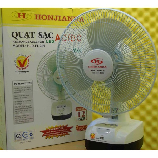 [Mã ELMS5 giảm 7% đơn 300K] Quạt Sạc 1 bình và 2 bình Kiêm Đèn sạc Honjianda HJD - FL 301 LED (trắng) | BigBuy360 - bigbuy360.vn