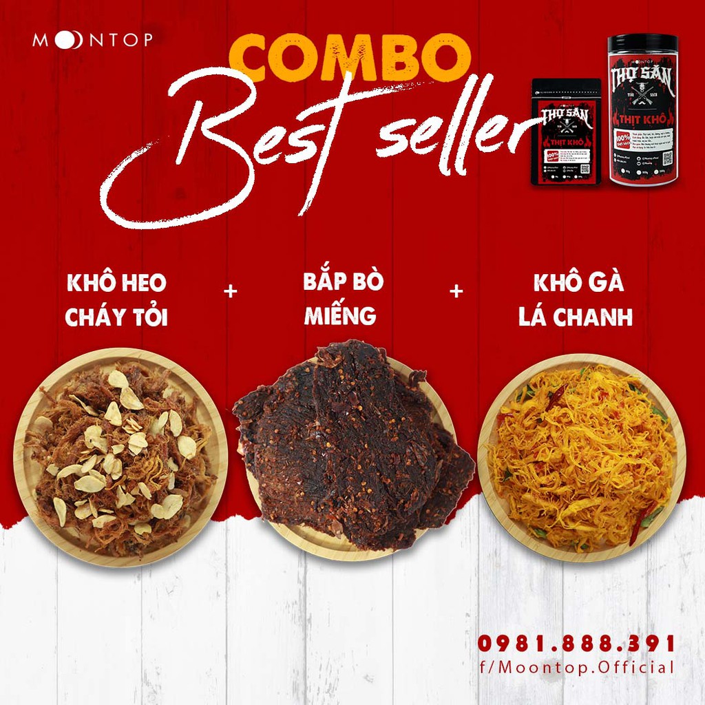 COMBO BEST SELLER | Khô heo cháy tỏi + Bắp bò khô miếng + Khô gà lá chanh "Thợ săn" | Thịt khô homemade Moontop!