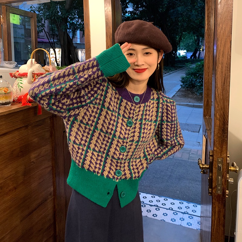 Áo cardigan dệt kim ZHELIHANGFEI tay phồng dáng rộng lưng cao thời trang cho nữ