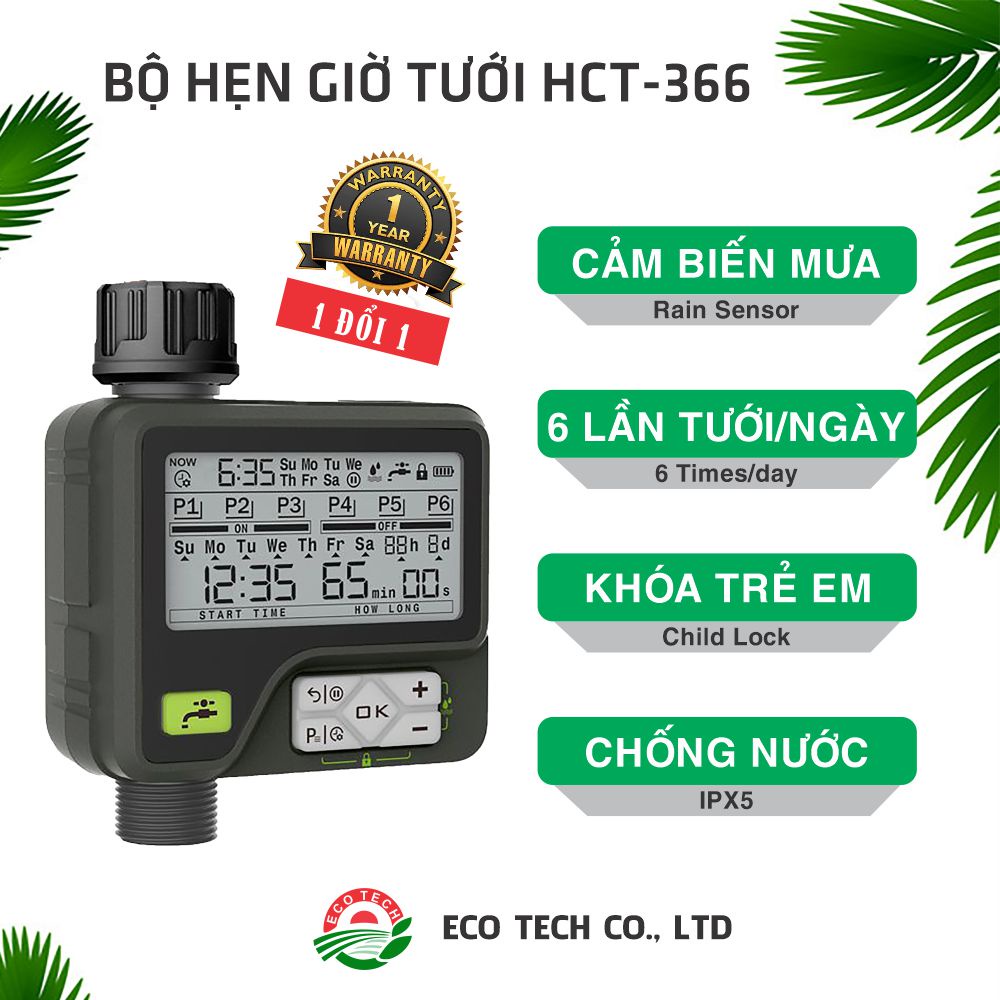 : 6 lần tưới/ngày, chống nước IPX5, cảm biến mưa, khoá an toàn.