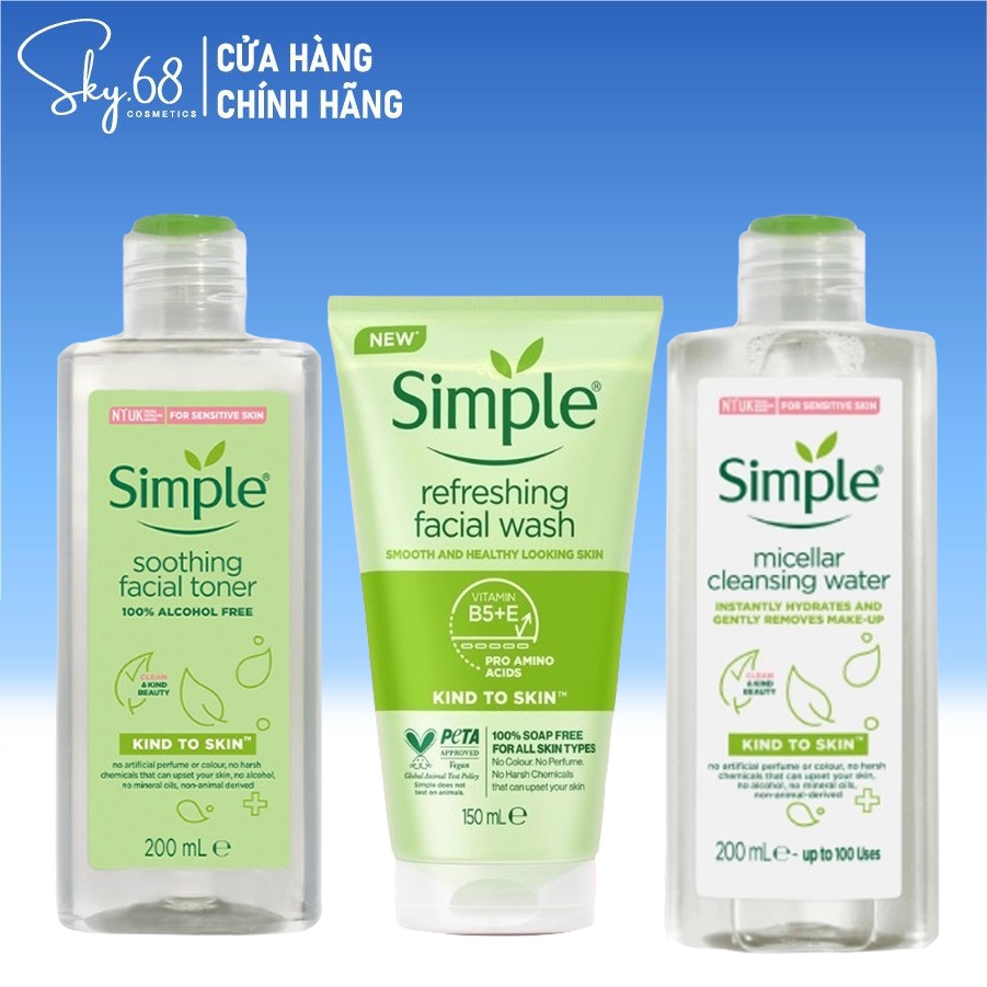 Bộ 3 Sản Phẩm Giúp Da Sạch Sâu Dưỡng Ẩm Cho Da SIMPLE Kind To Skin (Tẩy trang 200ml + SRM 150ml + Toner 200ml)