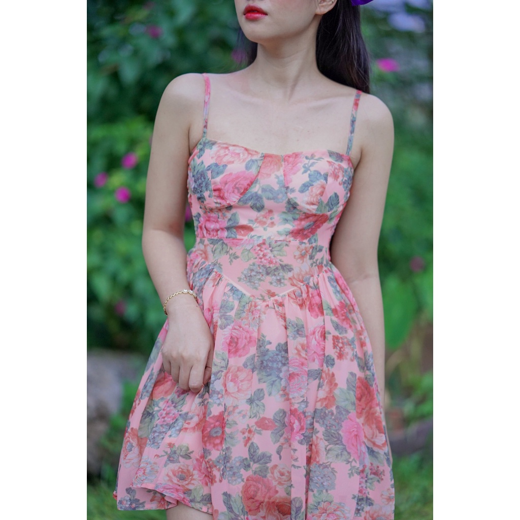 Đầm hoa xòe hai dây phong cách Ulzzang Hàn Quốc, váy xoè hai dây hoa phong cách tiểu thư dễ thương một chút sexy