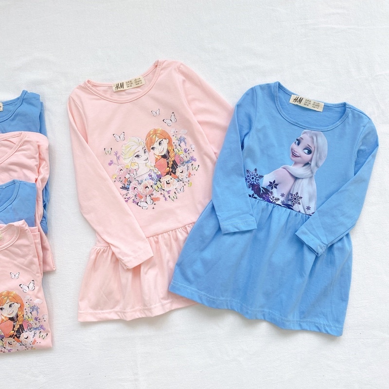 Set 2 váy cotton dài tay El.sa cho bé gái màu xanh hồng cân nặng từ 12-32 cân