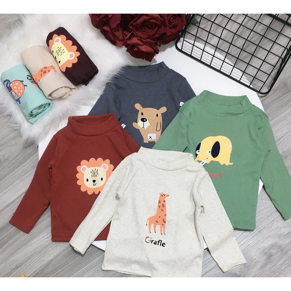 Áo Giữ Nhiệt Cotton Len Tăm Cổ Lọ Hình Thú Cho Bé 8-19kg