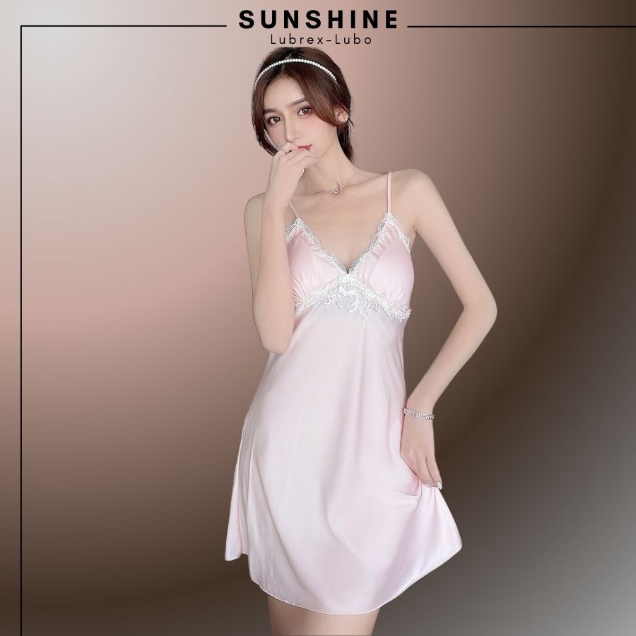 Váy Ngủ Lụa Sexy 2 Dây Satin Phối Ren Có Mút Ngực Quyến Rũ Gợi Cảm Màu Hồng - SUNSHINE LUBREXLUBO -VL165