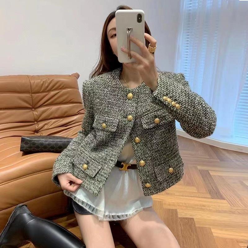 Áo khoác dệt kim dáng ngắn hai màu phong cách mùa thu 2021 retro cho nữ