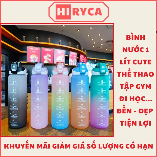 Bình nước 1 lít, bình đựng nước cute thể thao tập gym đi học có ống hút bằng nhựa HI.RYCA BN_Gop3