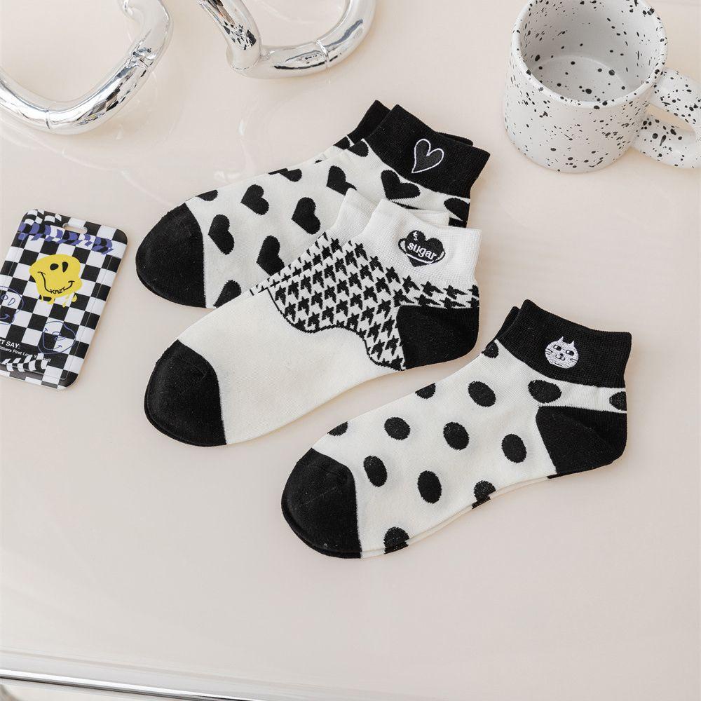 Vớ Cotton Cổ Thấp Thoáng Khí Họa Tiết Sọc / Trái Tim / Mặt Cười / Chú Mèo Dễ