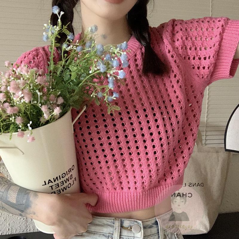 Áo Thun Dệt Kim Tay Ngắn Cổ Tròn Màu Trơn Thời Trang Dành Cho Nữ