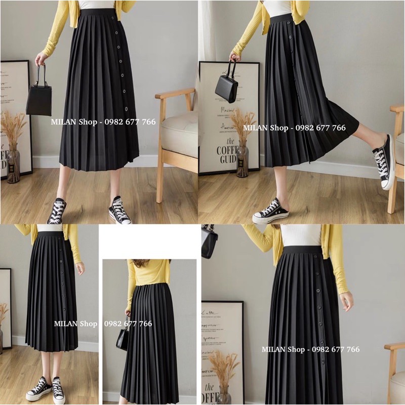 Chân váy xếp ly midi đính khuy lệch thời trang | BigBuy360 - bigbuy360.vn